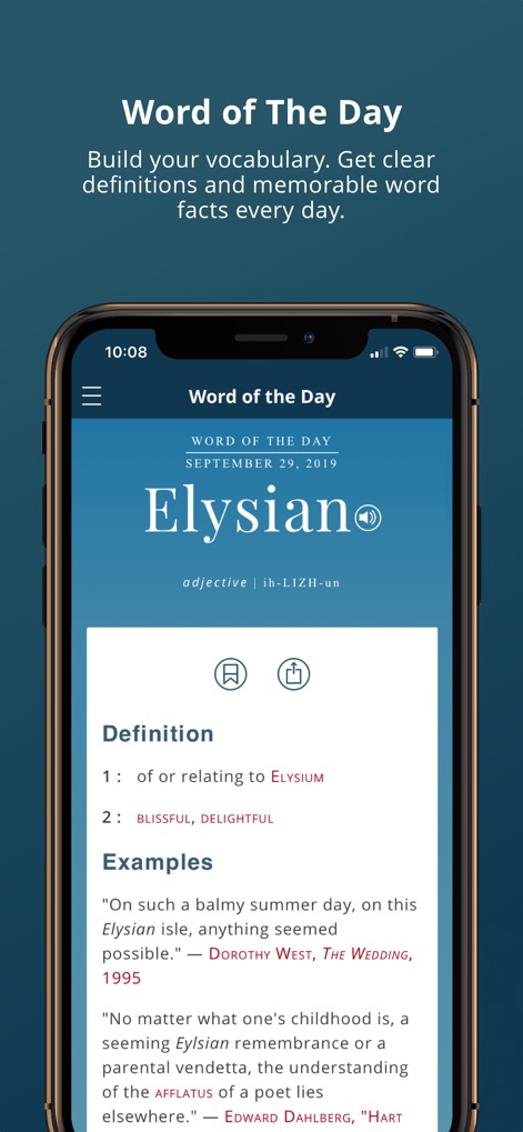 Merriam-Webster Dictionary - このスクリーンショットでは、「Word of the Day」機能が紹介され、当日の単語「Elysian」の定義と発音がはっきりと示されています。また、単語がどのように使用されるかを示す詳細な例文も確認できます。