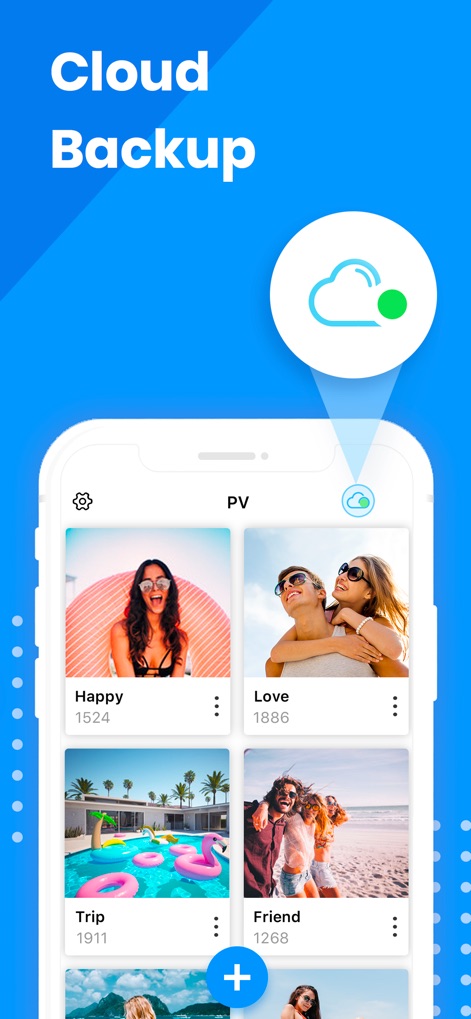 PV - Secret Photo Album - This tool ensures data safety with a visible cloud backup indicator and organized photo albums for peace of mind.