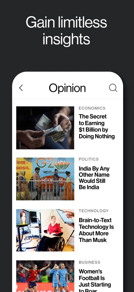 Bloomberg: Business News Daily - 이 앱은 'ECONOMICS' 및 'POLITICS' 섹션에서 돈을 세는 손 이미지와 G20 로고와 같은 관련 비주얼을 통해 심도 깊은 분석 기사를 제공합니다.