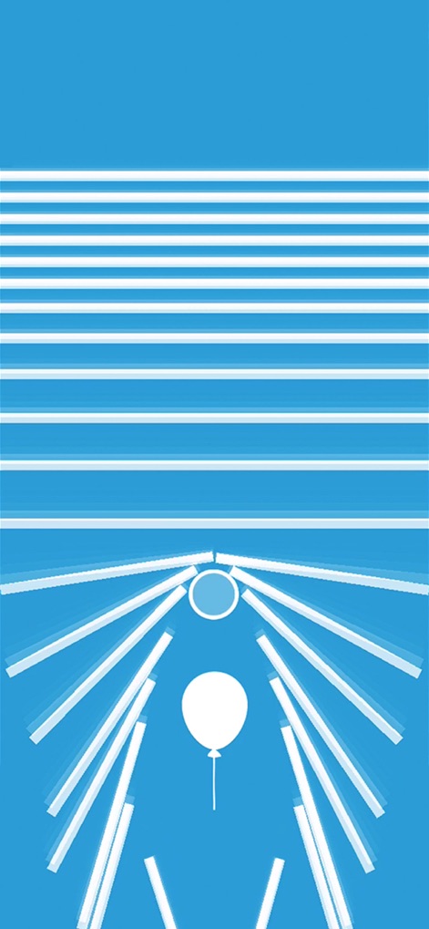 Rise Up! Protect the Balloon - Discover a challenging blue level where the white balloon must skillfully navigate through an array of static white horizontal lines and dynamic radiating white beams.