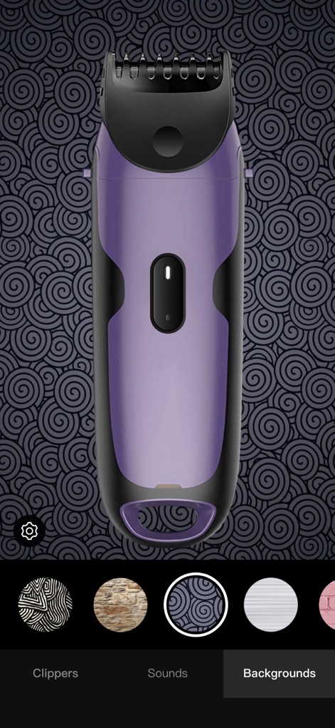 Hair Clippers & Razor Prank! - Gli utenti possono scegliere tra diversi sfondi per personalizzare l'esperienza visiva, come illustrato dal rasoio viola e dallo sfondo a spirale selezionato nel menu 'Backgrounds'.