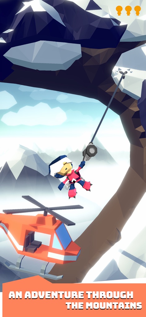 Hang Line: Mountain Climber - Observe the agile grappling mechanic as the character swings through treacherous mountain terrain, with a rescue helicopter awaiting below.