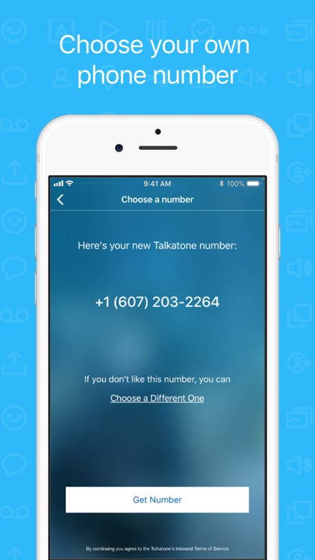 Talkatone: WiFi Text & Calls App Store screenshot 4, headline “Choose your own phone number”. Pattern or texture.