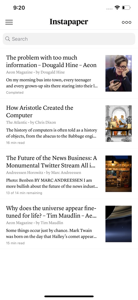 Instapaper - This initial view displays a clean article list with accompanying thumbnail images and prominent article titles for easy selection.