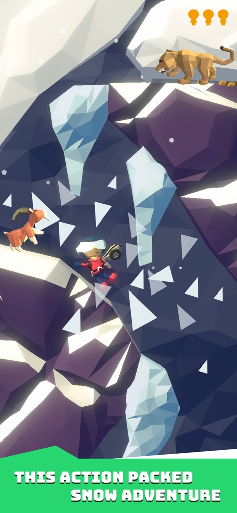 Hang Line: Mountain Climber - This screenshot emphasizes the rapid-fire action with the climber narrowly escaping shattering ice platforms and predatory mountain animals like the lion and goat.