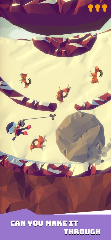 Hang Line: Mountain Climber - The scene illustrates the need for quick reflexes as the climber deftly avoids a massive rolling boulder and aggressive goat-like creatures in pursuit.