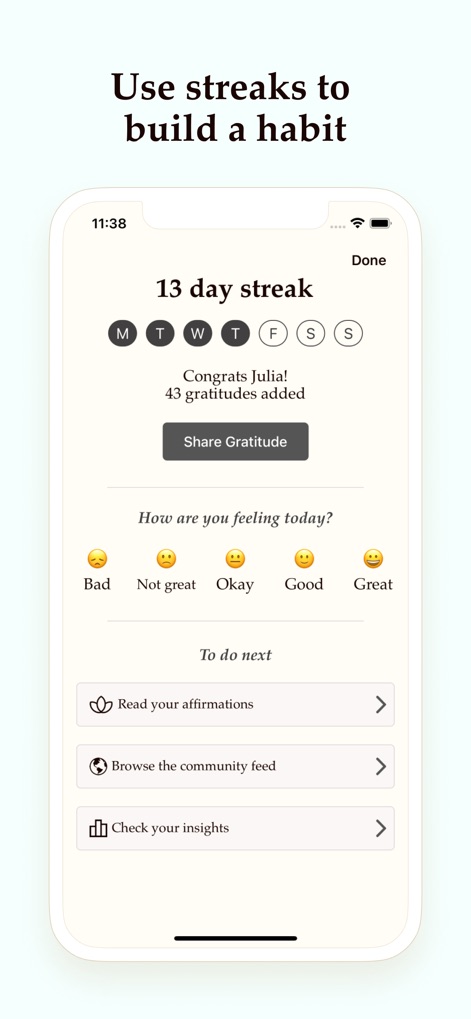Gratitude Plus – Journal - This screen highlights the app's habit-building features through a prominent streak counter and an interactive mood check with emoji selections.