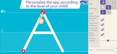 Writing Wizard: Learn to Write - Diese Ansicht zeigt eine detaillierte Einstellungsoberfläche, über die Nutzer Parameter wie die "Größe" des Buchstabens und den "Schwierigkeitsgrad" des Nachzeichnens anpassen können.