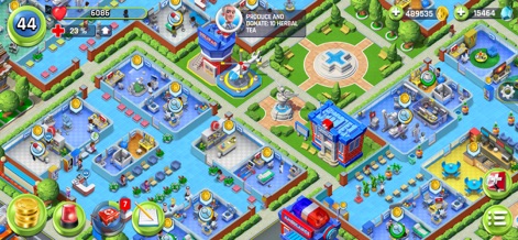 Dream Hospital: Medical Tycoon - Discover the exterior of the hospital campus featuring an ambulance helipad and beautifully landscaped areas.