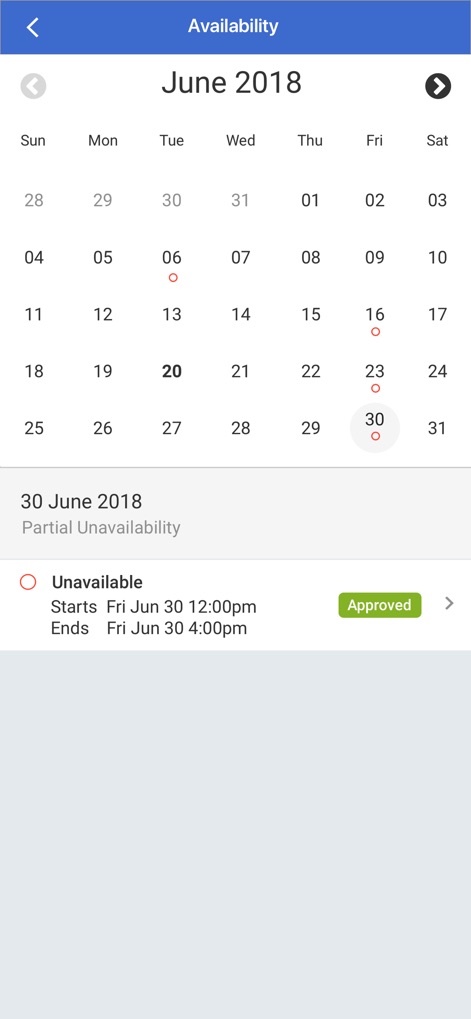 LIFELENZ - Users can easily manage their availability through an intuitive calendar view, allowing them to set and view 'unavailable' periods with 'Approved' statuses.