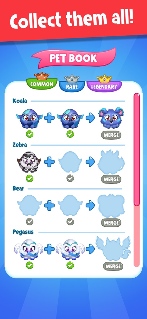 Town Pets - Grow Animals - Explore the comprehensive "PET BOOK" where users can track their collection of common, rare, and legendary pets, and discover the "merge" mechanic for evolving creatures.
