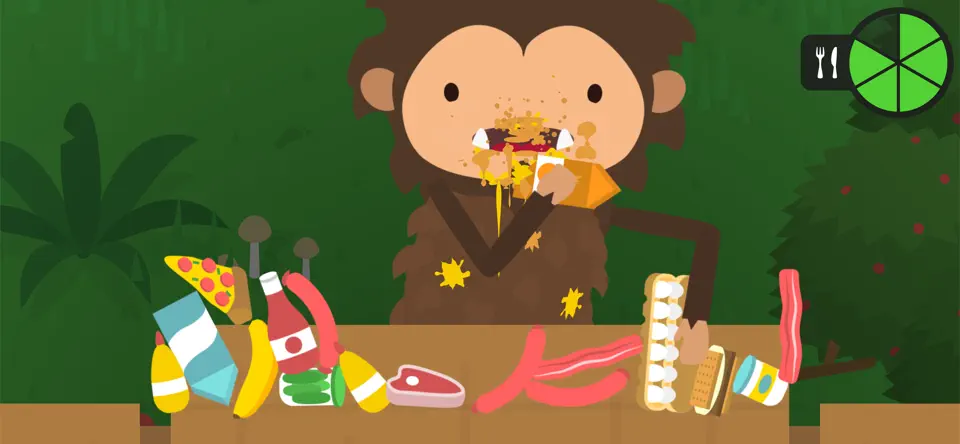 Sneaky Sasquatch eating at a picnic table covered in food
