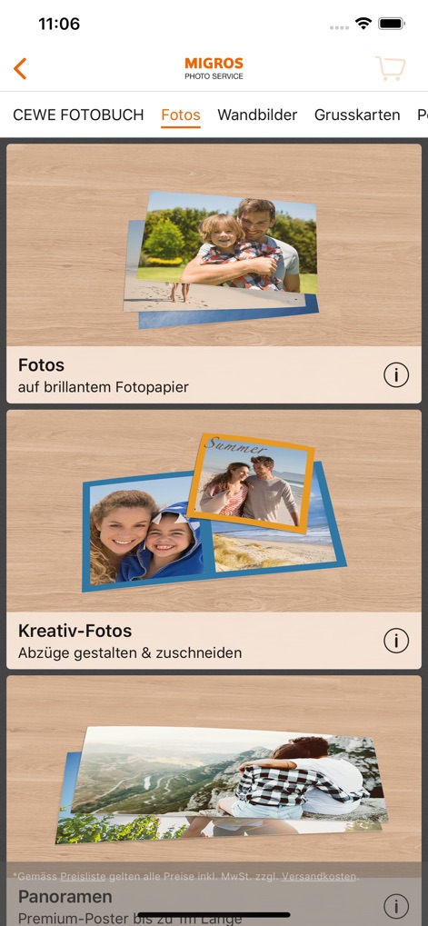 Migros Photo Service - Order high-quality photo prints with multiple options, from standard 'Fotos auf brillantem Fotopapier' to creative 'Kreativ-Fotos' for unique designs.