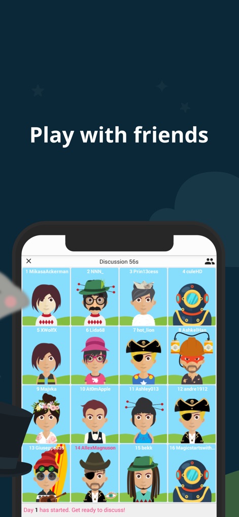 Wolvesville - 最大16人のプレイヤーが集まるマルチプレイヤーの議論画面が表示され、様々なデザインのプレイヤーアバターと、リアルタイムのディスカッションインターフェースを通じて交流が可能です。