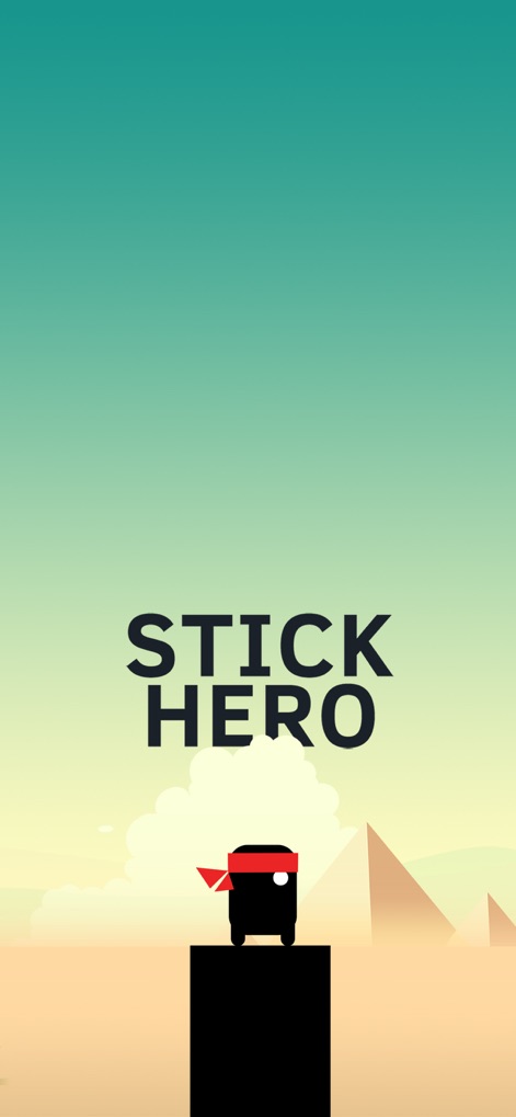 Stick Hero - This introductory screen presents the app's clean title "Stick Hero" and the iconic protagonist ready on the first platform, against a visually appealing desert and pyramid background.
