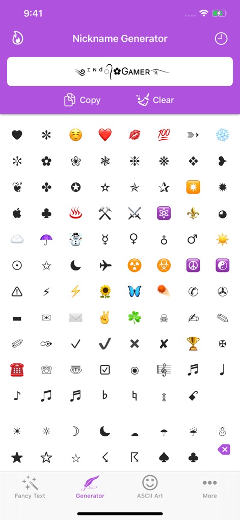 Fancy Text Symbols - 이 도구는 '하트'와 '별'을 포함한 방대한 이모지 및 특수 기호 컬렉션을 제공하여 닉네임과 메시지를 풍부하게 만듭니다.