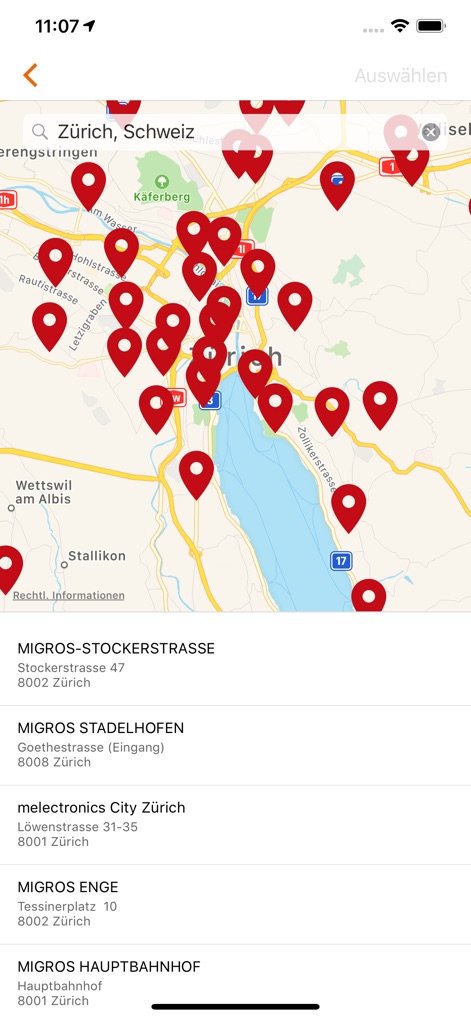 Migros Photo Service - Locate convenient pick-up points with the integrated map view, displaying numerous Migros locations and detailed store addresses.