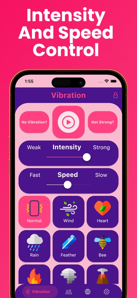Strong Vibration - This screenshot reveals the intuitive interface where users can finely adjust 'Intensity' and 'Speed' for their preferred vibration experience.