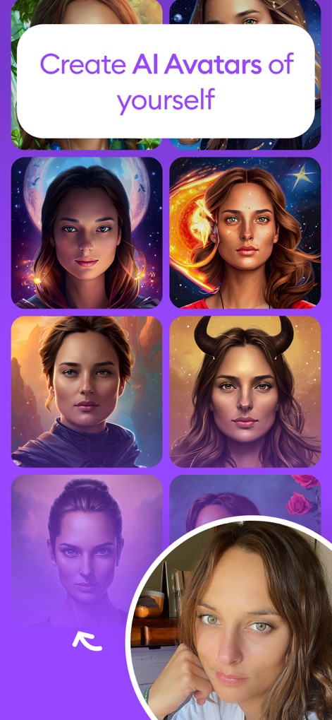 Dawn AI - Avatar generator - Users can witness the diverse array of AI-generated avatars created from an original photo input, showcasing the app's transformative power.
