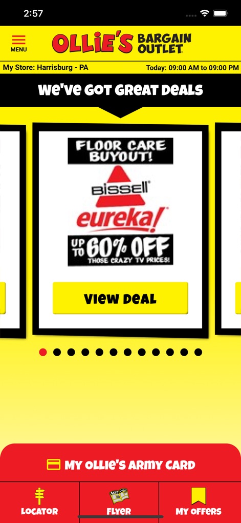 Ollie's Bargain Outlet, Inc - The app presents current promotions through a prominent scrolling banner featuring product discounts and a persistent navigation bar for easy access to key functions.
