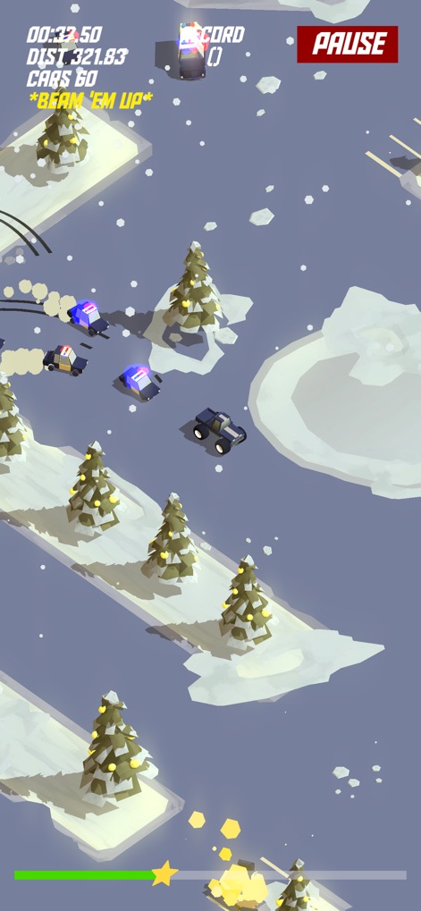 PAKO Forever - En medio de una persecución en un paisaje invernal, con nieve cayendo, los jugadores pueden activar el potenciador "BEAM 'EM UP" para una ventaja estratégica, transformando la huida en una experiencia aún más dinámica.