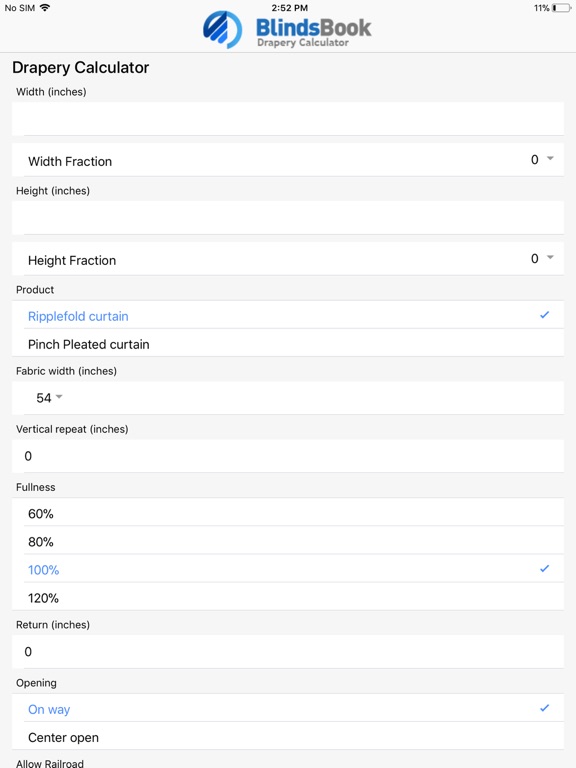 BlindsBook Drapery Calculator iPad screenshot 1 - Business app