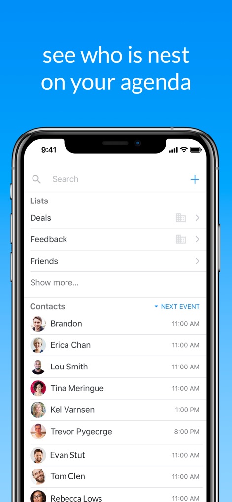 Calendar · - Users can easily identify who they're meeting next from a list of contacts, showing their profile pictures and upcoming event times.