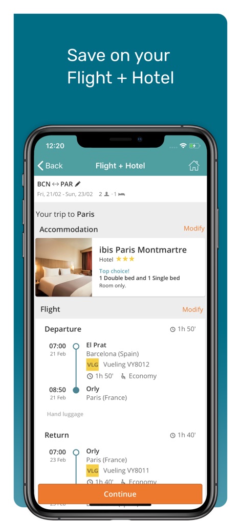 Travellink - Flights, Hotels - Esta herramienta optimiza la planificación, consolidando la información de alojamiento y detalles de vuelos de ida y vuelta en una única pantalla de resumen para los usuarios.