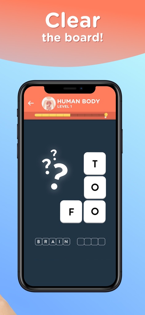 WordBrain 2: Fun word search! - Observe the dynamic puzzle clearing mechanism as completed words vanish, revealing the remaining letters and the solved word 'BRAIN' at the bottom of the screen.