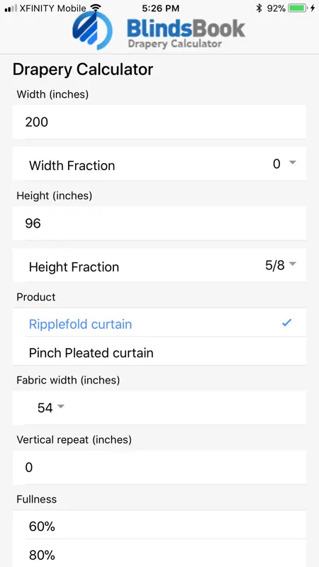 BlindsBook Drapery Calculator screenshot 1 of 3