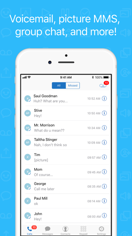 Talkatone: WiFi Text & Calls App Store screenshot 6, headline “Voicemail, picture MMS, group chat, and more!”. Exclaims.