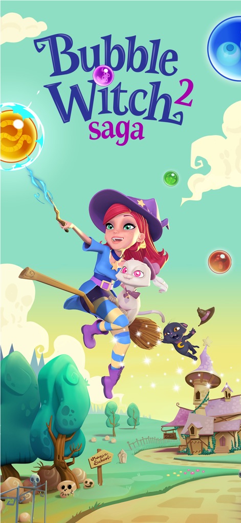 Bubble Witch 2 Saga - The app introduces its enchanting title screen, featuring Stella flying on her broomstick alongside her loyal feline companions across a vibrant landscape.