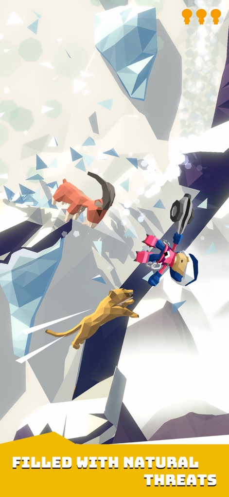 Hang Line: Mountain Climber - This visual highlights the intense environmental hazards, showcasing breaking ice formations and menacing mountain lions that threaten the climber.