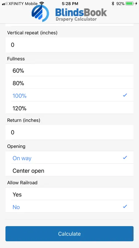 BlindsBook Drapery Calculator screenshot 2 of 3