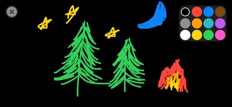 Whiteboard: just draw together - L'app supporta la creazione di ambientazioni diverse, come questo paesaggio notturno con alberi e falò, dimostrando l'efficacia dei colori chiari su un canvas scuro per enfatizzare i dettagli luminosi.