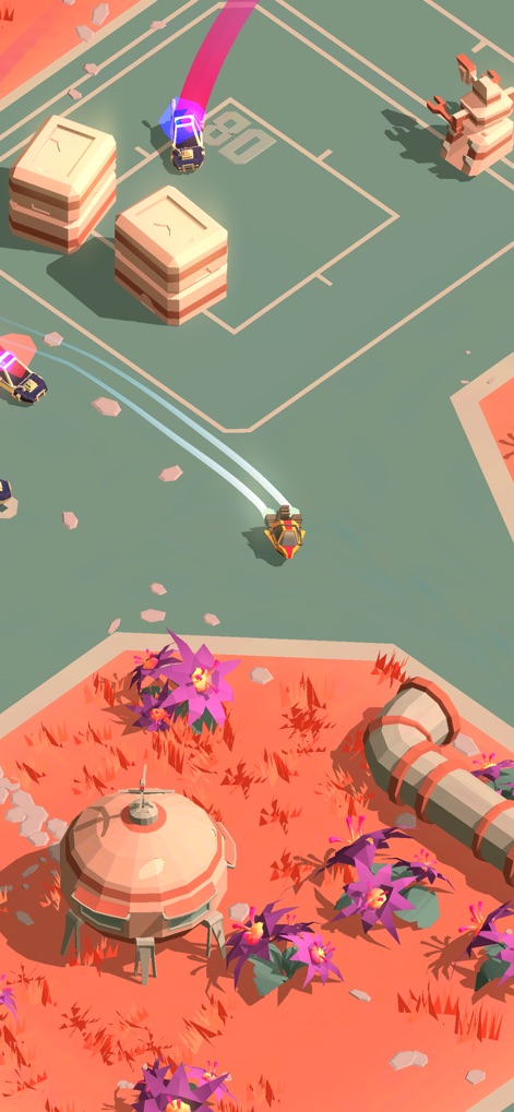 PAKO Forever - La aplicación muestra un vibrante diseño de mapa, destacando grandes bloques cuadrados como parte del escenario, complementado por una distintiva flora extraterrestre que añade un toque de color rojizo.