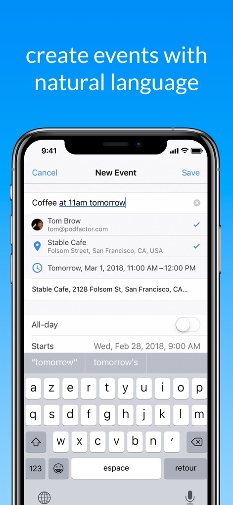 Calendar · - This tool features powerful natural language entry, letting users quickly add events like 'Coffee at 11am tomorrow' and intelligently parse details such as date and time.