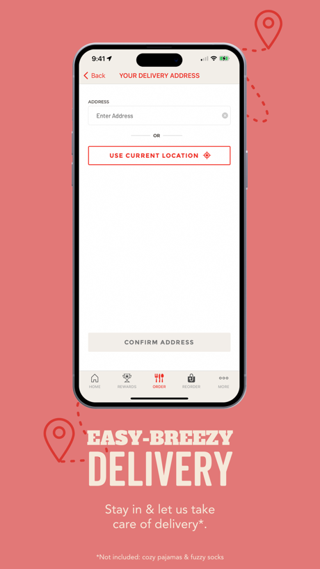 Chilis App Store screenshot 5, headline “EASY-BREEZY DELIVERY”. Condensed or display type.