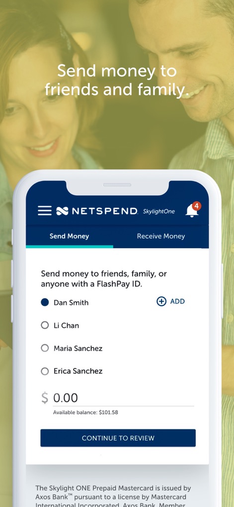 Netspend Skylight ONE - Users can conveniently "Send money" to friends and family by selecting from their contacts list and specifying the desired amount in the input field.