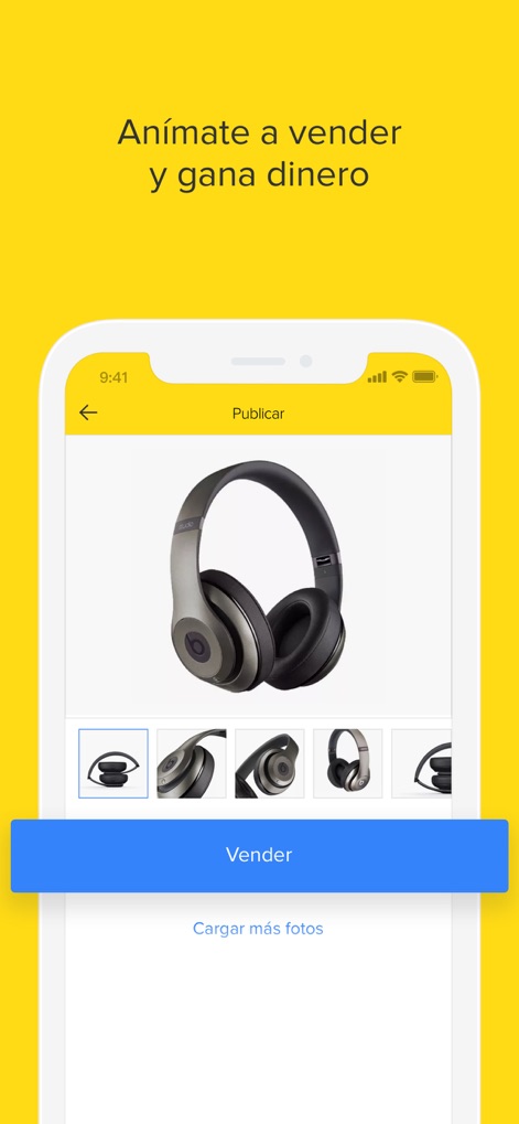 Mercado Libre: Compras Online - The platform empowers users to become sellers by providing an intuitive product image upload feature and a prominent 'Sell' action button for easy listing creation.