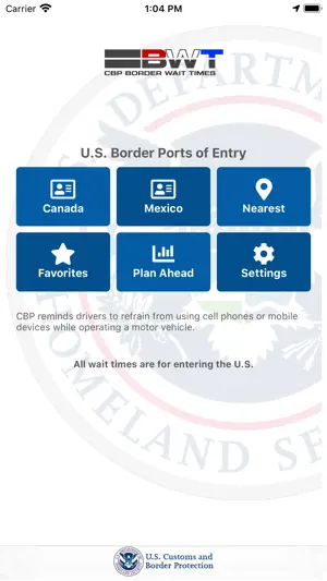 CBP Border Wait Times screenshot 1