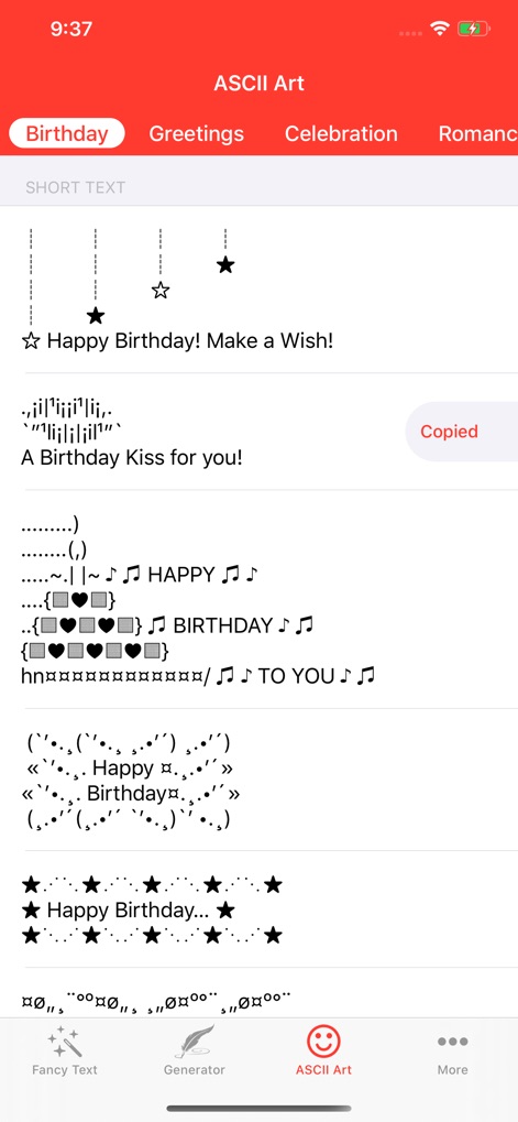 Fancy Text Symbols - '생일' 카테고리에서 '별'과 '음표' 장식이 포함된 "Happy Birthday" 메시지 같은 개성 있는 ASCII 아트를 찾아볼 수 있습니다.