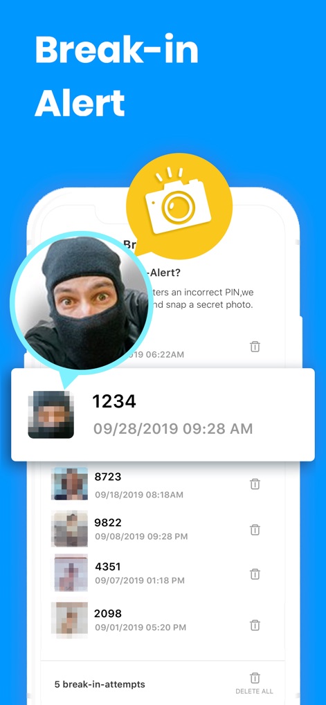 PV - Secret Photo Album - The app enhances security with a detailed break-in alert log and automatic intruder photo capture for unauthorized access attempts.