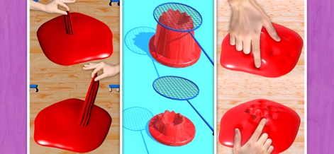 Makeup Slime Game! Relaxation - Engage with the tactile joy of virtual slime, illustrating hands stretching the vibrant red slime and creating satisfying indentations as it's poked and squished, just like real ASMR experiences.