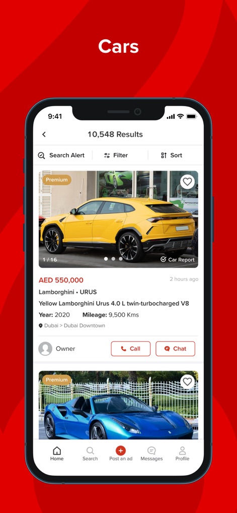 dubizzle - Users can explore detailed vehicle listings, including specifics like the 'price, model, year, and mileage', and directly engage with sellers through 'Call' or 'Chat' buttons.