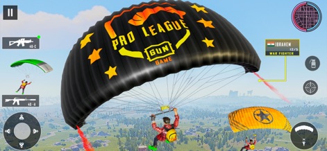 Cover Fire 3D: Gun Games 2026 - Los usuarios experimentan el emocionante descenso en paracaídas al inicio de la partida, con el paracaídas principal exhibiendo el logo "PRO LEAGUE GUN GAME" y múltiples jugadores uniéndose a la acción desde el cielo.
