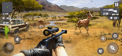 The Hunter - Hunting Games 3D - Users can observe the realistic 3D safari environment and the detailed in-game HUD with auto-fire options.