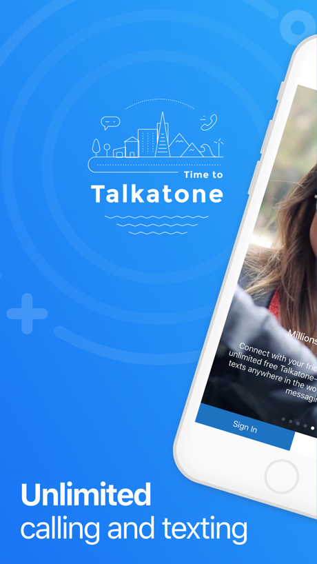 Talkatone: WiFi Text & Calls App Store screenshot 1, headline “Unlimited calling and texting”. Words at the bottom.