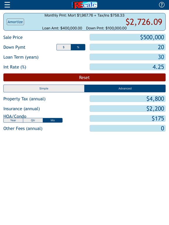 RE CALC Real Estate Calculator iPad screenshot