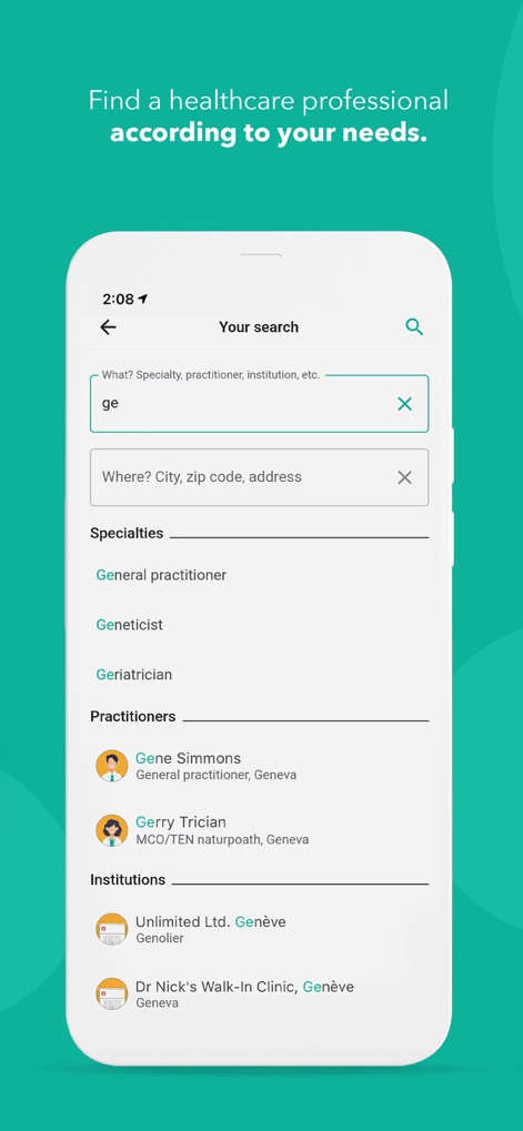 OneDoc - Users can efficiently locate healthcare professionals using advanced search filters for specialties and precise geographical locations.